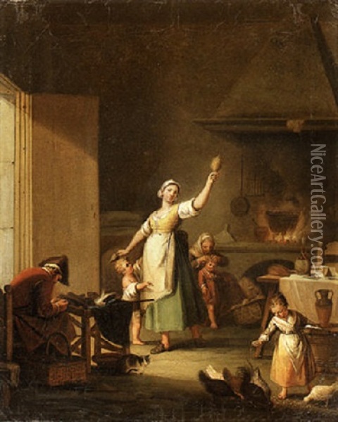 A Woman Spinning Wool, A Man Mending Shoes And A Young Girl Feeding Chickens In A Kitchen Oil Painting - Pietro Fabris