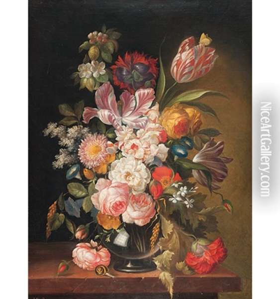 Stillleben Mit Blumen, Schnecke Und Schmetterling Oil Painting - Riccardo Bianchi