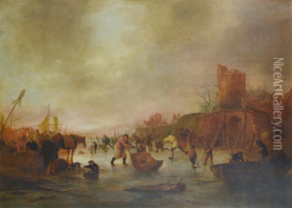 A Winter Landscape With Figures Skating And Playing Kolf On A Frozen River Oil Painting - Isaac Van Ostade