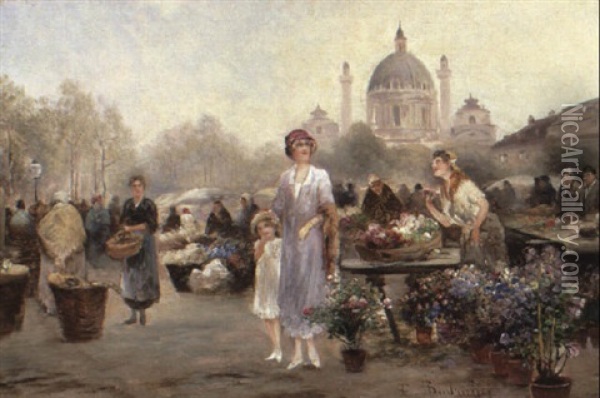 Die Blumenh,ndler Am Naschmarkt In Wien Oil Painting - Emil Barbarini
