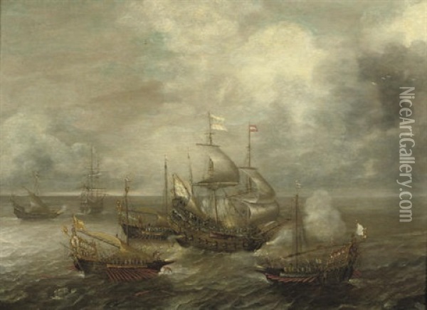 A Naval Engagement Between A Galleon And Frigates Oil Painting - Pieter Savery