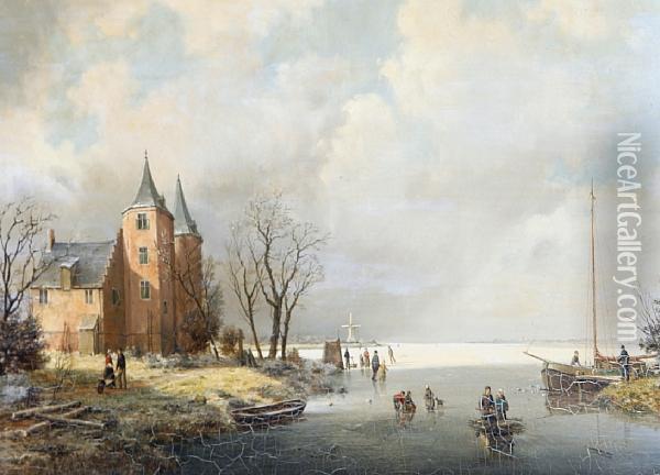 Figures On A Frozen River Oil Painting - A. J. F. De Groote