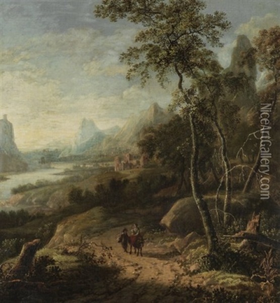 Weite Flusslandschaft Mit Figurenstaffage Auf Weg Im Vordergrund Oil Painting - Willem de Heusch