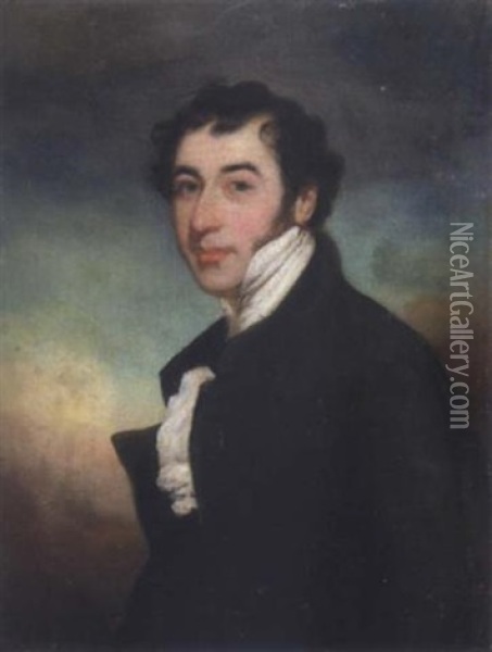 Portrait Of A Gentleman Wearing A Black Coat And A White Stock Oil Painting - George Chinnery