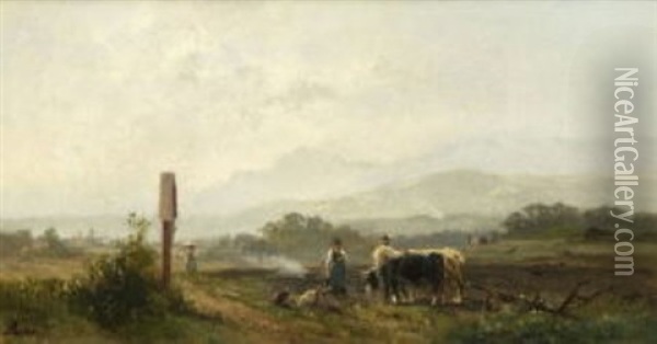 Bauern Bei Der Feldarbeit In Vorgebirgslandschaft Oil Painting - Adolf Heinrich Lier