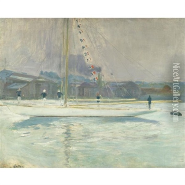 Yacht Pavoise Entrant Au Port Oil Painting - Paul Cesar Helleu