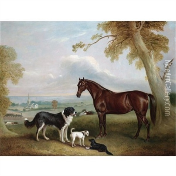 A Chestnut Hunter And Three Dogs Belonging To William Brewitt In A Landscape With A Steam Train And Two Churches In The Distance Oil Painting - John E. Ferneley