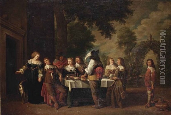 An Elegant Company Dining And Making Merry In A Garden Oil Painting - Christoffel Jacobsz. Van Der Lamen