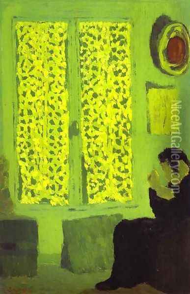 The Green Interior or Figure in front of a Window with Drawn Curtains (L'Interieur vert ou Figure aupres d'une fenetre a rideaux fermes) 1891 Oil Painting - Jean-Edouard Vuillard