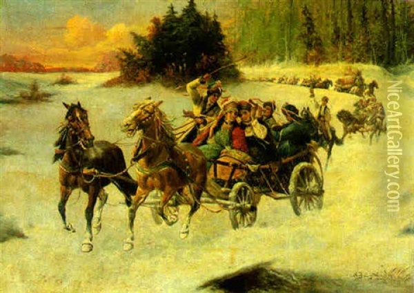 A Troika Procession In The Snow Oil Painting - Adolf (Constantin) Baumgartner-Stoiloff