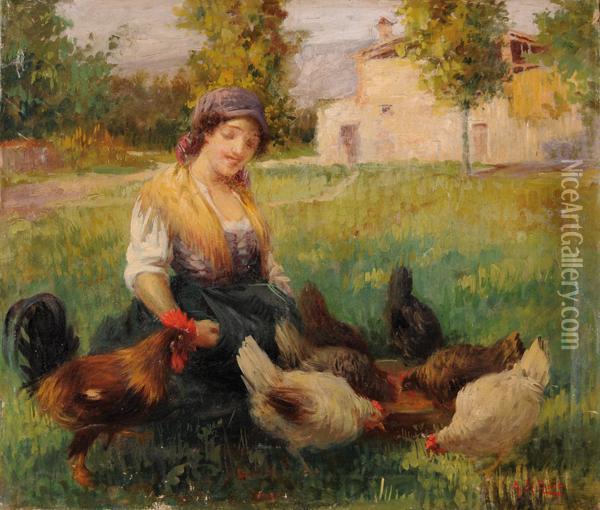 Contadina Con Galline Oil Painting - Arnaldo Delisio