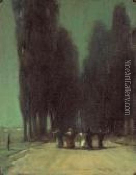 Row Of Cypress Trees With Figures Oil Painting - Chauncey Foster Ryder