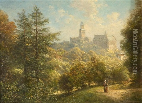 Waldpartie Mit Blick Auf Die Kronberger Burg Oil Painting - Alfred K.J.O. von Schoenberger