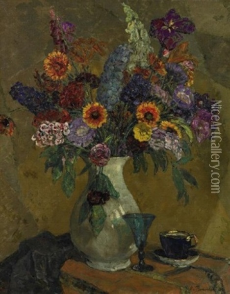 Stilleben Mit Sommerblumen In Vase Sowie Trinkgefasen, Auf Einem Tisch Drappiert Oil Painting - August Von Brandis