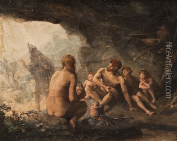 Scene De Vie Prehistorique Oil Painting - Emile Friant