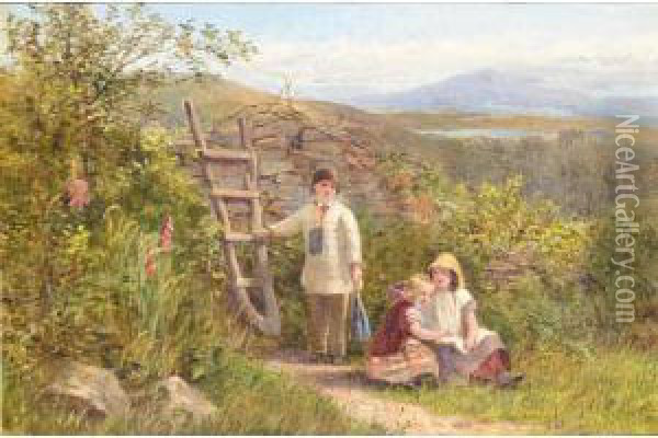 Children In A Summer Landscape Oil Painting - George Wells