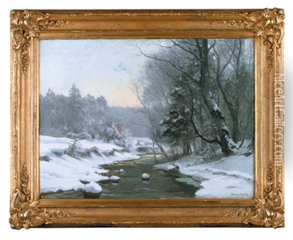 Zimowy Pejzaz Z Rzeka Oil Painting - Anders Andersen-Lundby