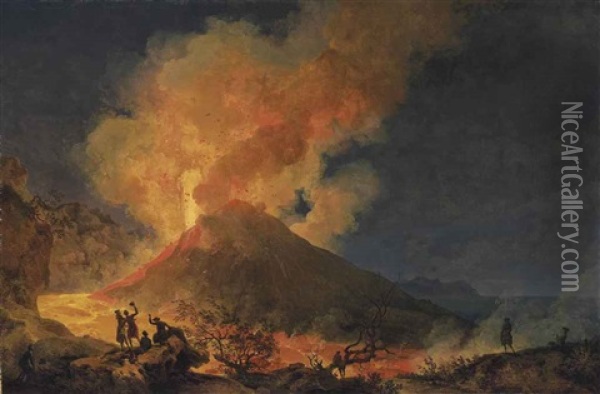 Vesuvius Erupting At Night Seen From The Atrio Del Cavallo, With Elegant Onlookers, A View Of Portici And Capri Beyond Oil Painting - Pierre Jacques Volaire