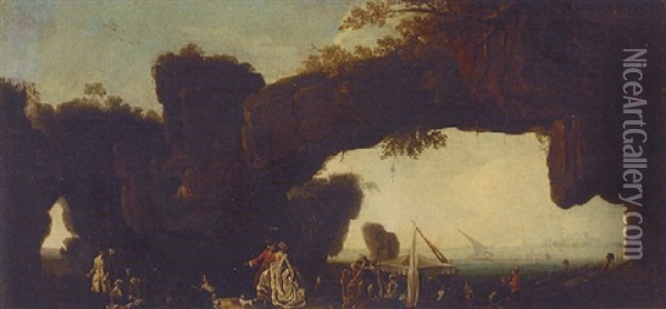 A Rocky Coastline With An Elegant Couple Promenading Before A Natural Arch And A Canopied Boat (constantinople?) Oil Painting - Domenico (Tempestino) Marchi