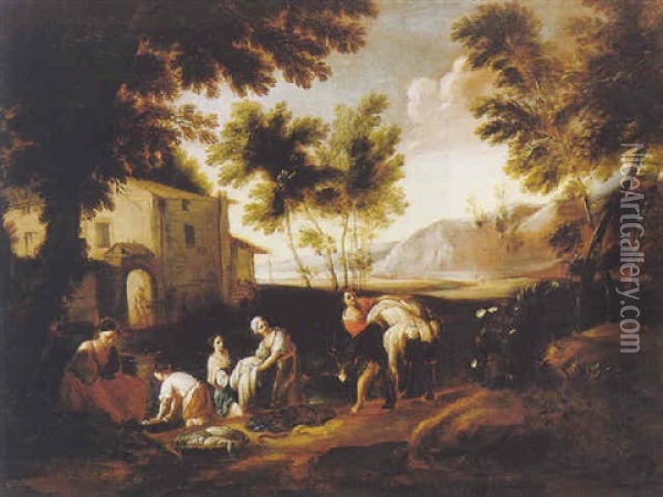 Washerwomen In A Landscape Oil Painting - Francesco Monti