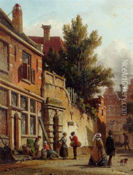 A Town View With A Man Selling Vegetables And A Couple Passing By Oil Painting - Adrianus Eversen