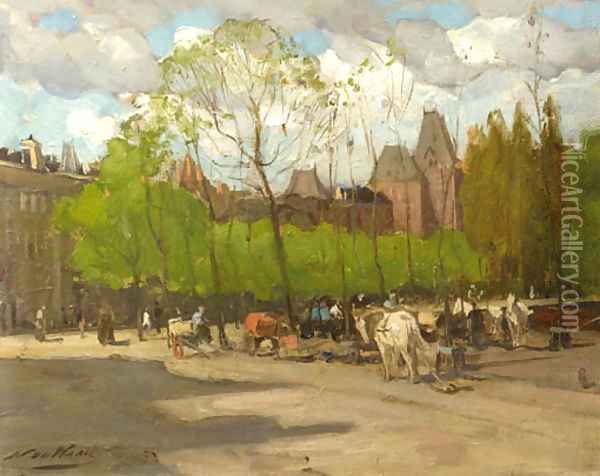 A view of the Rijksmuseum, Amsterdam, with horse-drawn carriages on the Stadhouderskade Oil Painting - Nicolaas Van Der Waay