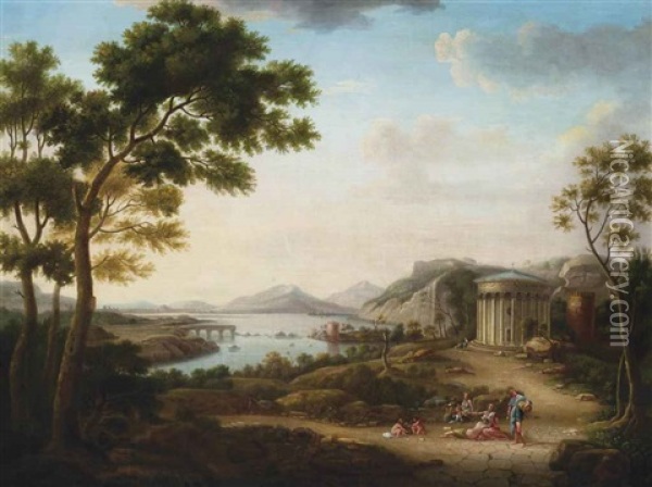 A Classical Landscape With Figures At Rest On A Track, Near A Temple, Mountains Beyond Oil Painting - Hendrick Frans van Lint