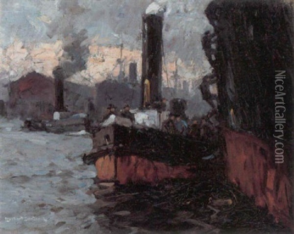 Dampskibe I Hamborg Havn Oil Painting - Leonhard Sandrock