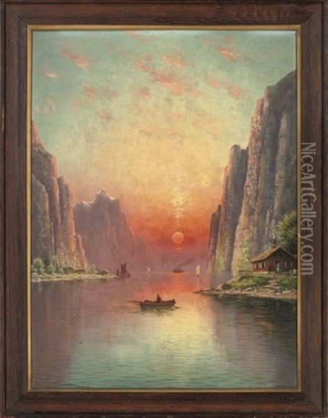 A Fjord At Sunset (+ A Moonlit Fjord; Pair) Oil Painting - Nils Hans Christiansen