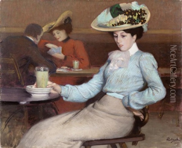 L'elegante Au Verre D'absinthe Oil Painting - Gustave Poetzsch