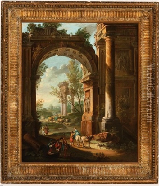 Figures With Animals By Classical Ruins In An Italianate Landscape Oil Painting - Giovanni Paolo Panini