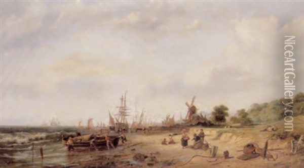 Fisherfolk On A Beach Before A Dutch Town Oil Painting - Pieter Cornelis Dommershuijzen