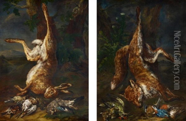 Zwei Gemalde: Jagdstillleben Mit Erlegtem Fuchs, Oder Hasen Und Singvogeln (2 Works) Oil Painting - Philipp Ferdinand de Hamilton