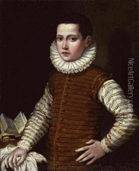 Portrait Of A Young Boy, His Hand Resting On A Ledge Beside An Open Book Oil Painting - Gervasio Gatti