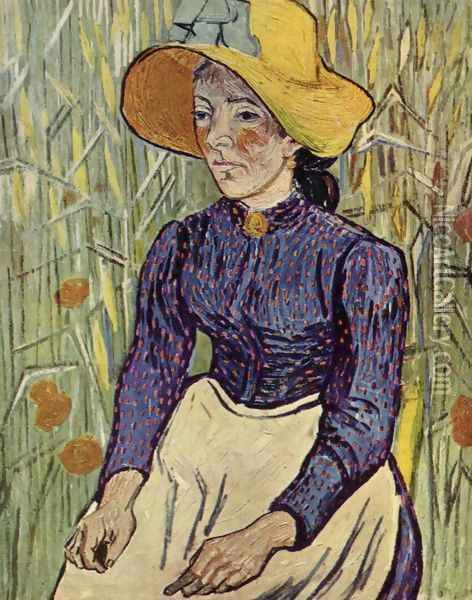 Young Peasant Woman with Straw Hat Sitting in the Wheat Oil Painting - Vincent Van Gogh
