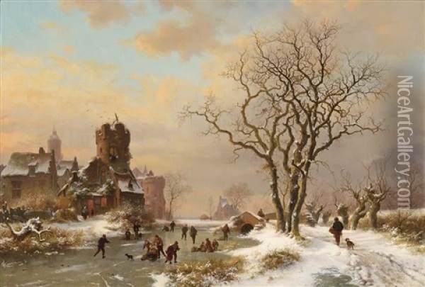 A Winter Landcape With Ice Amusements Near A City Oil Painting - Frederik Marinus Kruseman