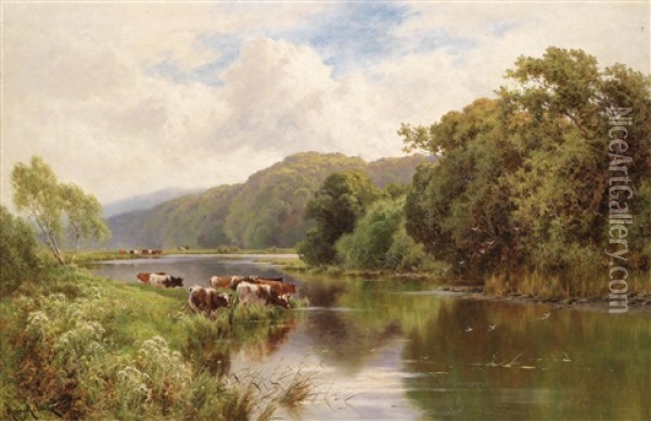 Kuhe Am Flussufer Oil Painting - Henry H. Parker