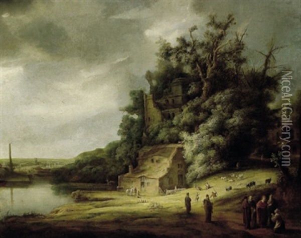 Bewaldete Fluslandschaft Mit Ruinen Und Christus Eine Frau Segnend Oil Painting -  Rembrandt van Rijn
