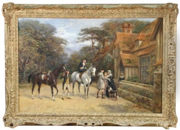 A Lady Side-saddle On A Grey Horse, A Groom Holding A Dark Bay, A Gentleman Greeting A Lady Outside A Country House Oil Painting - Heywood Hardy