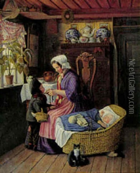 Interior Med Mor Og To Sma Born Oil Painting - Carl Ludwig Jessen