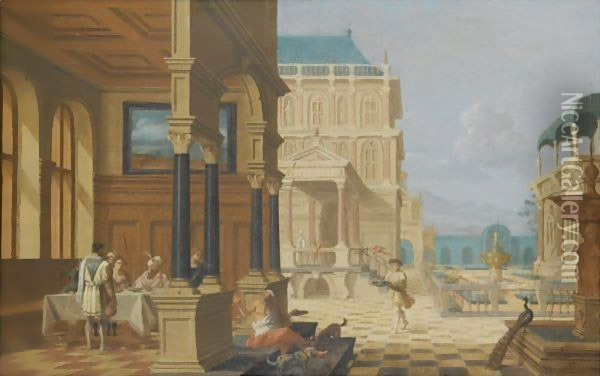 An Architectural Capriccio With Dives And Lazarus Oil Painting - Nicolas De Giselaer