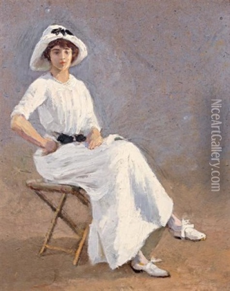 Jeune Femme Vetue De Blanc, Assise Sur Un Pliant Oil Painting - Leonce J. V. de Joncieres