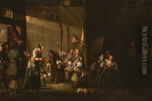 Illustre, Vornehme Jagdgesellschaft Vergnugt Sich In Einer Scheune Oil Painting - Francois Duchatel