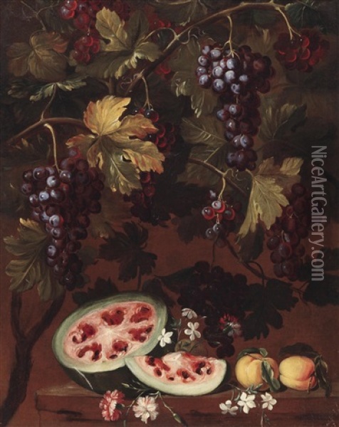 Eine Melone, Pfirsiche Und Trauben Oil Painting - Tommaso Realfonso