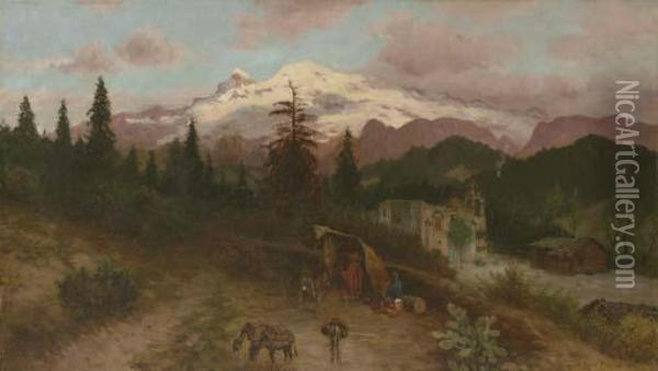 Campesinos A Las Afueras De Una Iglesia Al Pie Del Ixtlazihuatl Oil Painting - August Lohr