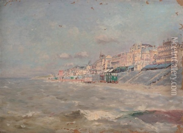Front De Mer, La Plage Et Les Cabines Oil Painting - Edmond Marie Petitjean