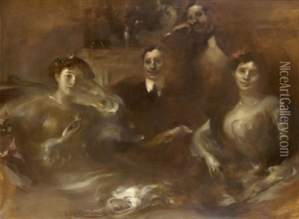 Portrait De La Famille Bernheim: Gaston Et Josse, Mathilde Et Suzanne Oil Painting - Eugene Carriere