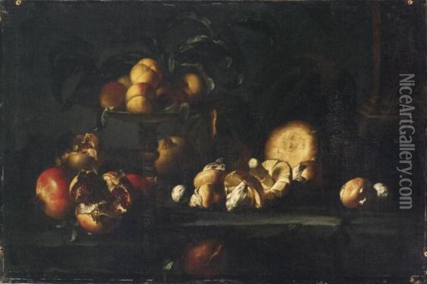 Natura Morta Con Alzata Di Pesche, Funghi E Melograni Oil Painting - Simone Del Tintore