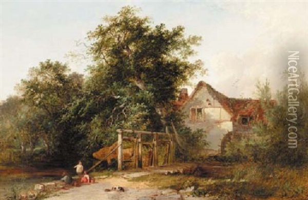 The Old Water Mill With Eel Nets Oil Painting - Henry John Boddington