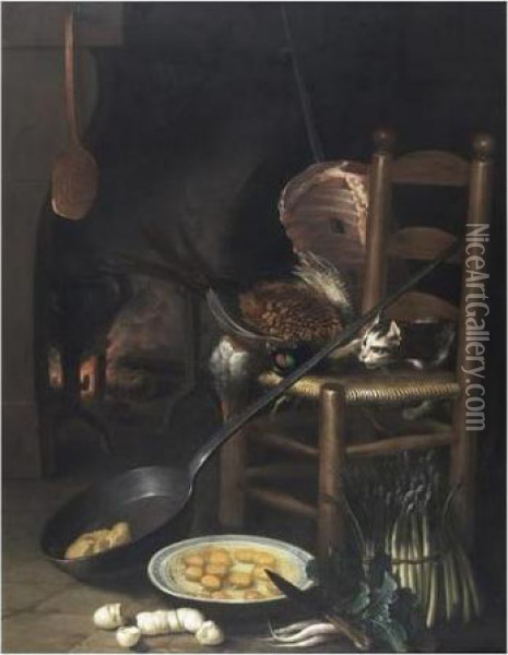 Les Preparatifs Du Repas Devant La Cheminee Oil Painting - Claude Francois Desportes